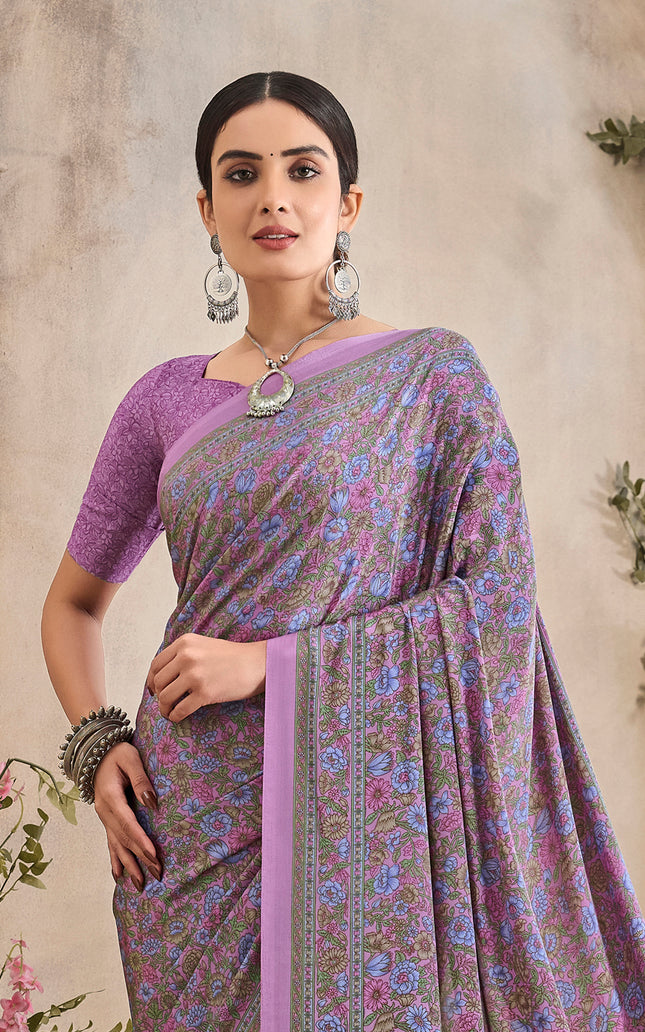 Flower Multi-Coloured Printed, Pure Italian Crape Saree (Purple)