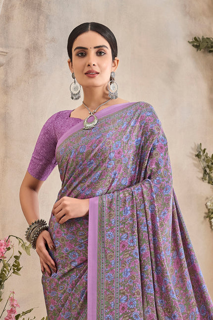 Flower Multi-Coloured Printed, Pure Italian Crape Saree (Purple)