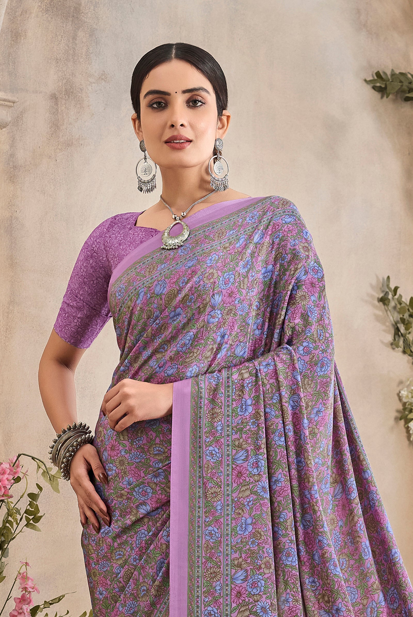 Flower Multi-Coloured Printed Pure Italian Crape Saree (Purple)