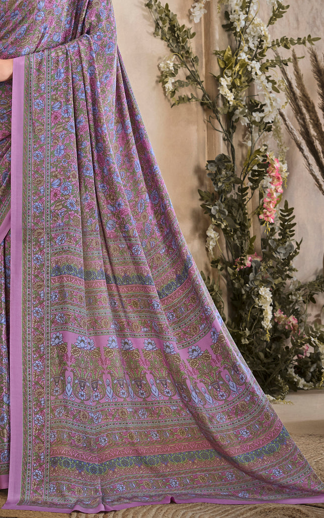 Flower Multi-Coloured Printed, Pure Italian Crape Saree (Purple)