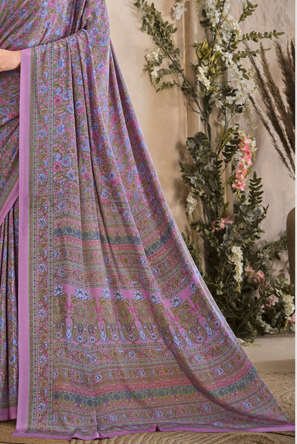 Flower Multi-Coloured Printed, Pure Italian Crape Saree (Purple)
