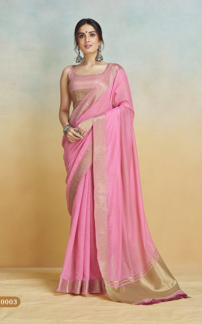 Banarasi Border, Pure Handloom Khadi silk, With Chit Pallu And Tassels (Pink)