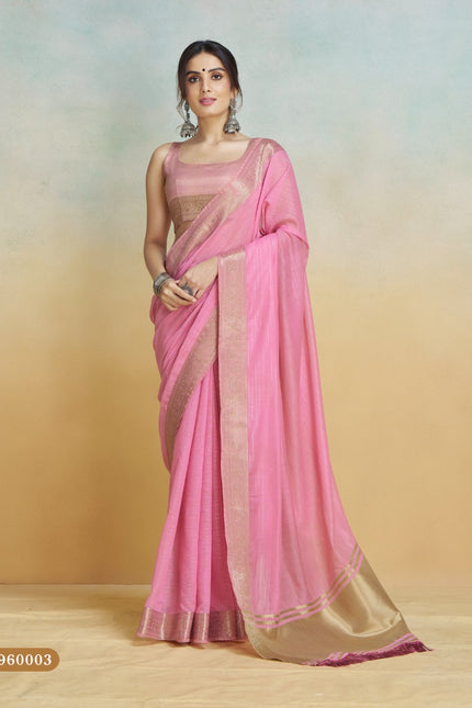 Banarasi Border, Pure Handloom Khadi silk, With Chit Pallu And Tassels (Pink)