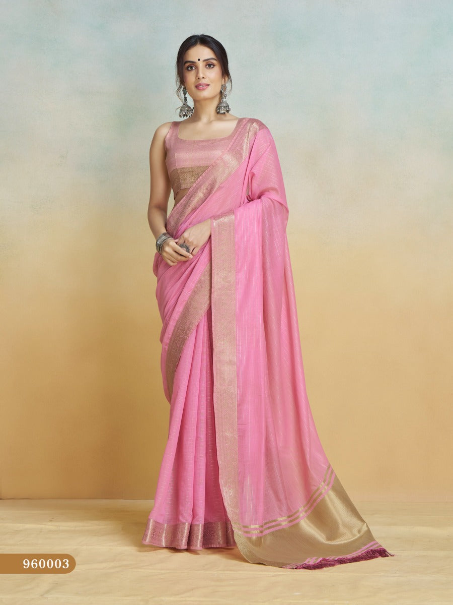 Banarasi Border, Pure Handloom Khadi Silk With Chit Pallu & Tassels (Baby Pink)