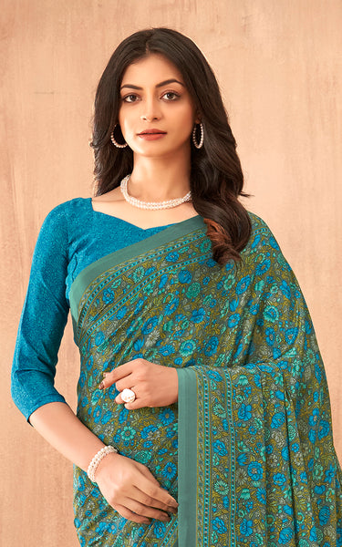 Flower Multi-Coloured Printed, Pure Italian Crape Saree (Blue)