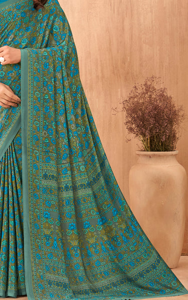 Flower Multi-Coloured Printed, Pure Italian Crape Saree (Blue)