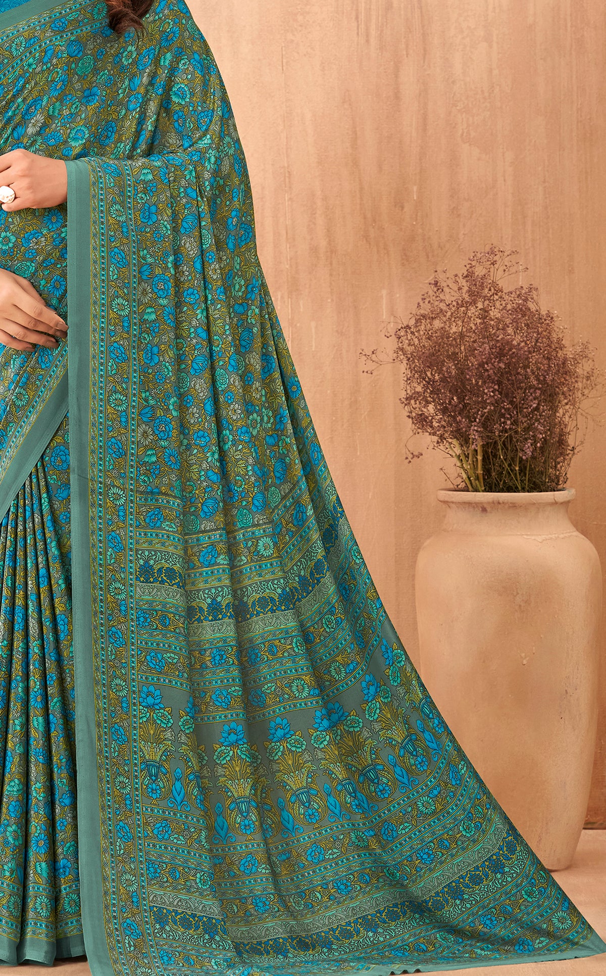 Flower Multi-Coloured Printed, Pure Italian Crape Saree (Blue)