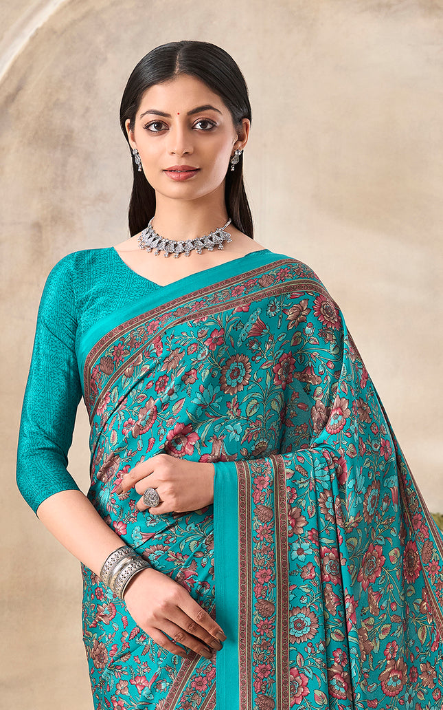 Flower Multi-Coloured Printed, Pure Italian Crape Saree (Auqa Blue)