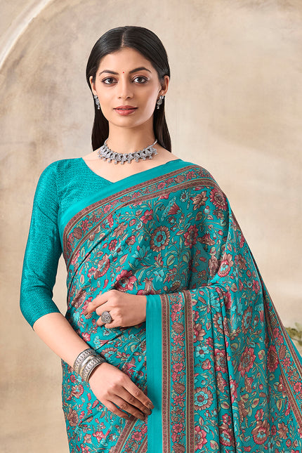 Flower Multi-Coloured Printed, Pure Italian Crape Saree (Auqa Blue)
