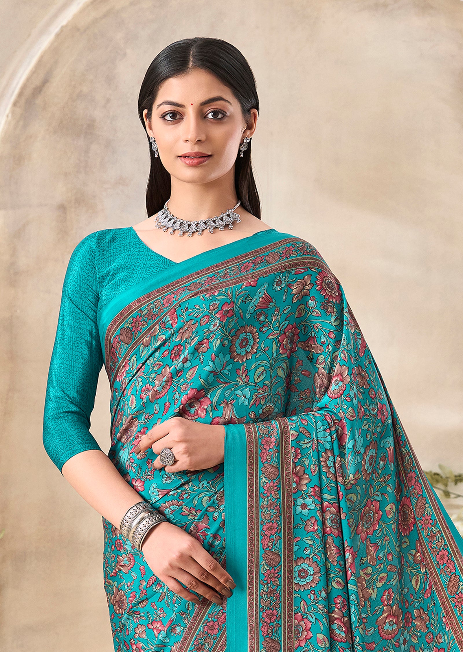 Flower Multi-Coloured Printed, Pure Italian Crape Saree (Auqa Blue)
