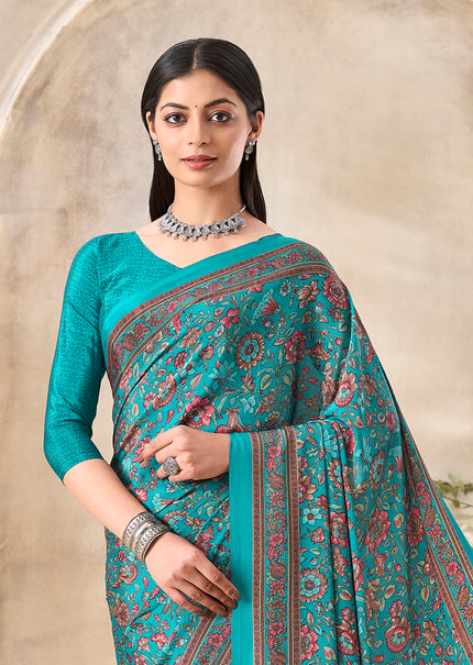 Flower Multi-Coloured Printed, Pure Italian Crape Saree (Auqa Blue)