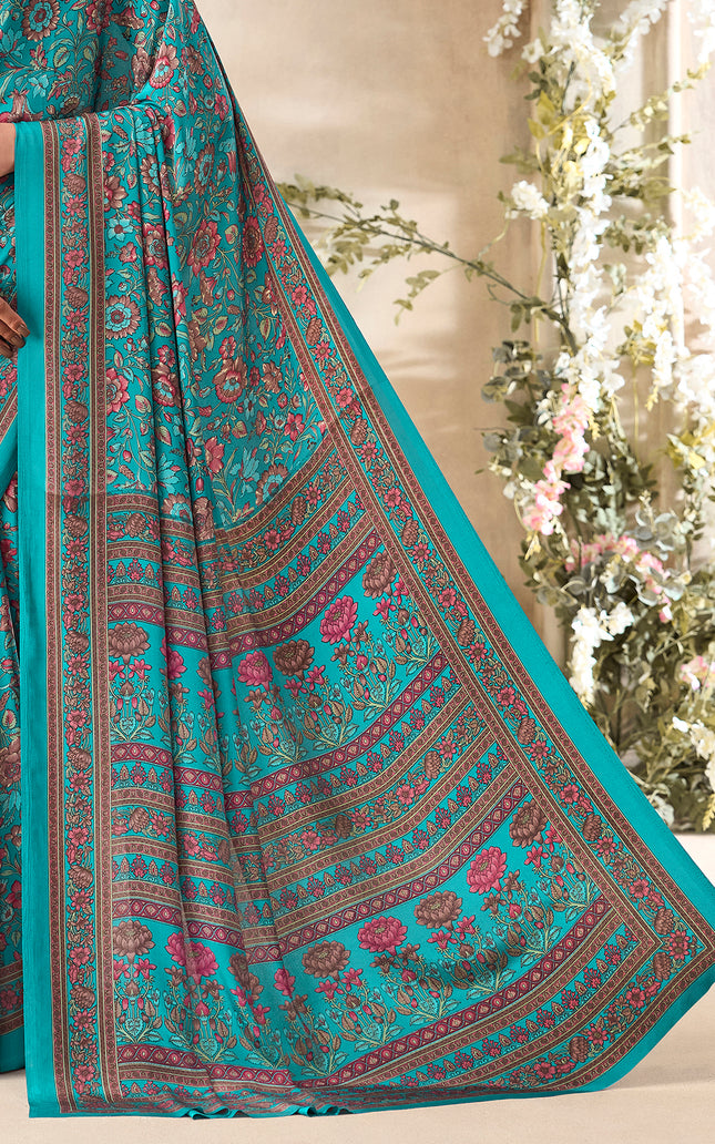 Flower Multi-Coloured Printed, Pure Italian Crape Saree (Auqa Blue)