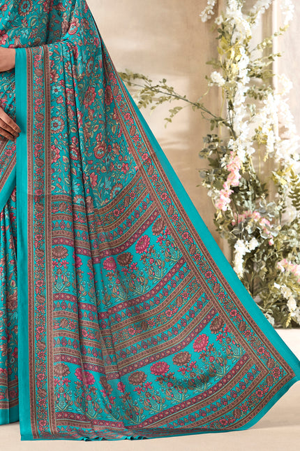 Flower Multi-Coloured Printed, Pure Italian Crape Saree (Auqa Blue)
