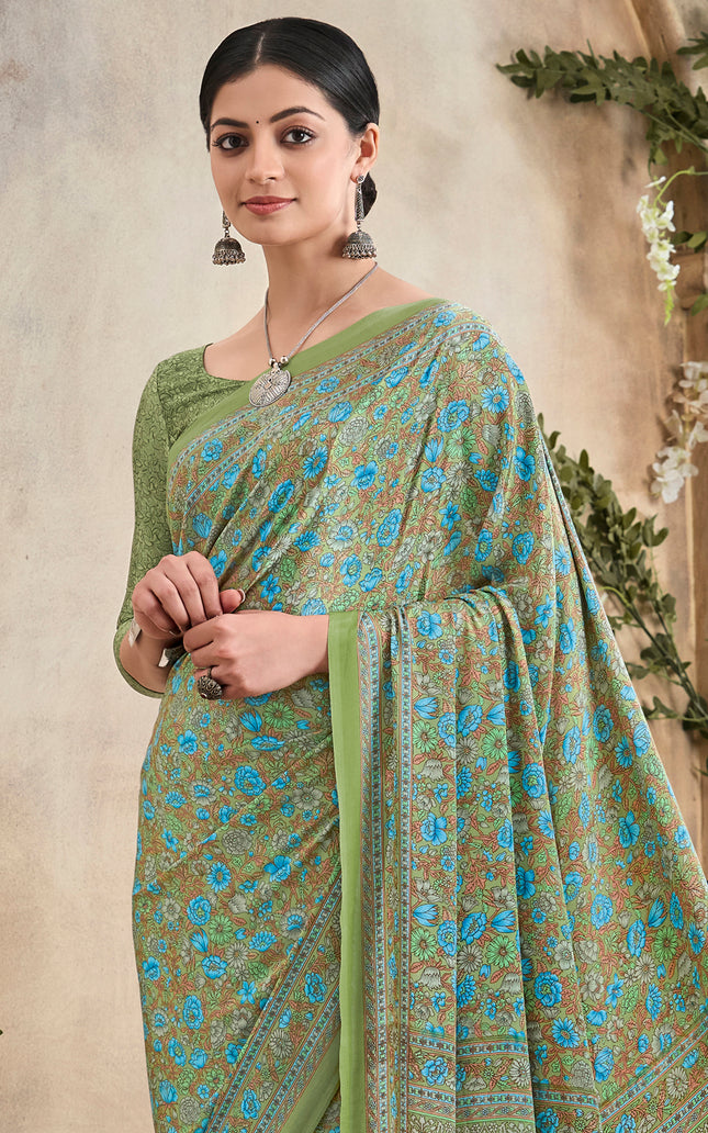 Flower Multi-Coloured Printed, Pure Italian Crape Sare (Green)