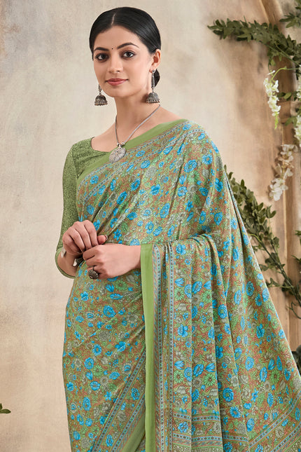 Flower Multi-Coloured Printed, Pure Italian Crape Sare (Green)