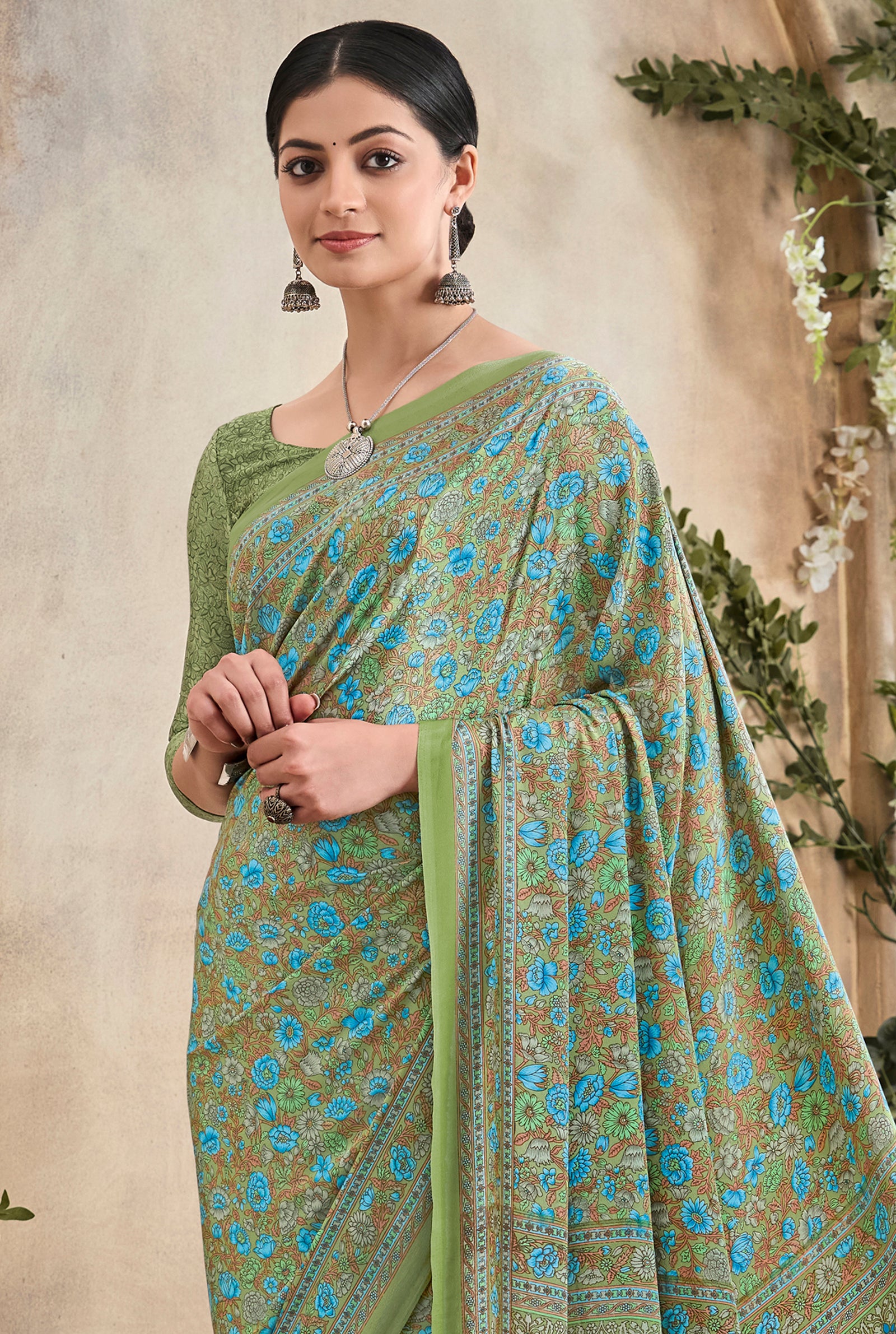 Flower Multi-Coloured Printed Pure Italian Crape Saree (Green)