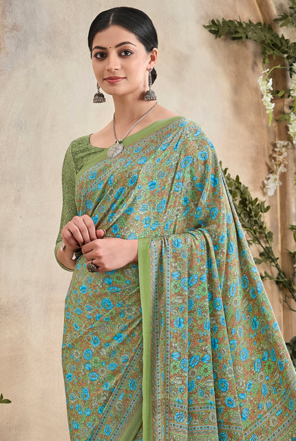 Flower Multi-Coloured Printed, Pure Italian Crape Sare (Green)