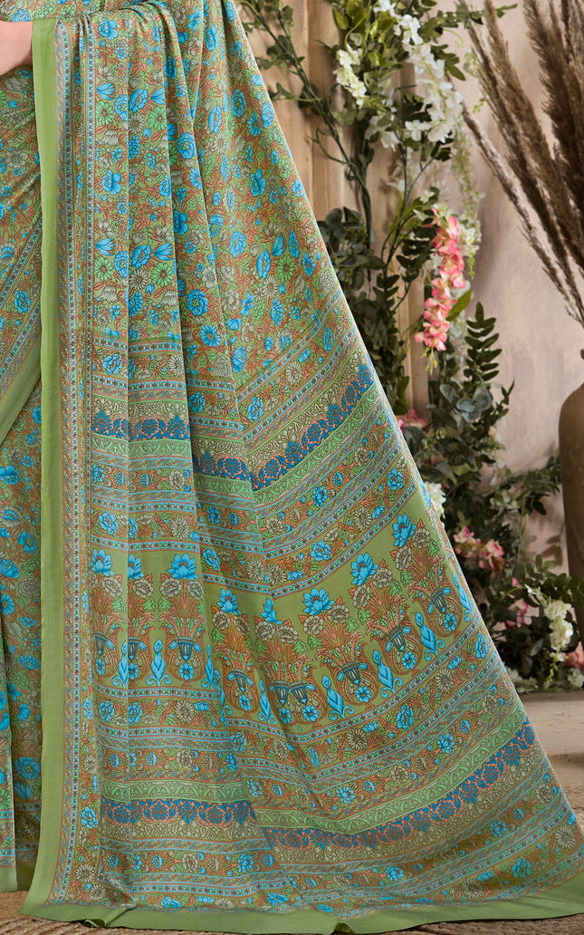 Flower Multi-Coloured Printed, Pure Italian Crape Sare (Green)