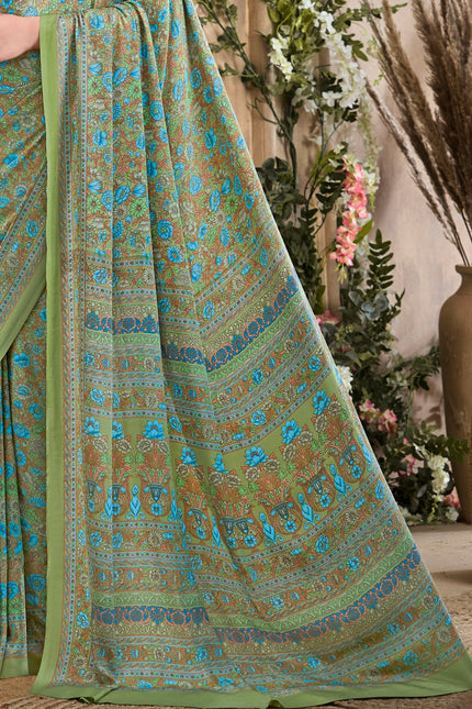Flower Multi-Coloured Printed, Pure Italian Crape Sare (Green)