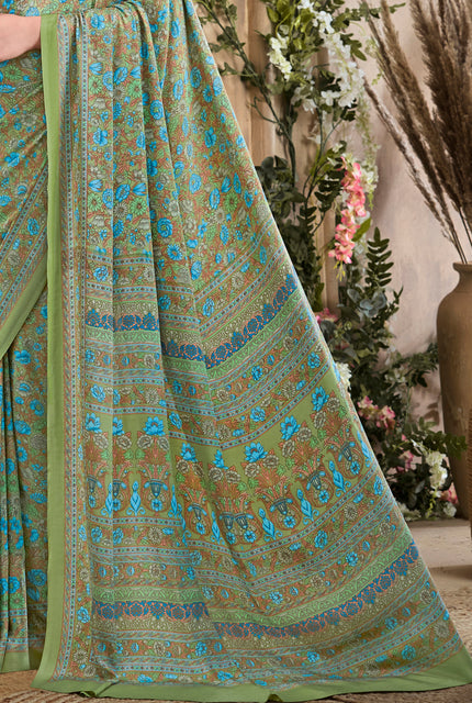 Flower Multi-Coloured Printed Pure Italian Crape Saree (Green)