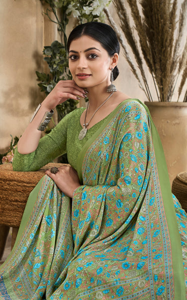 Flower Multi-Coloured Printed Pure Italian Crape Saree (Green)