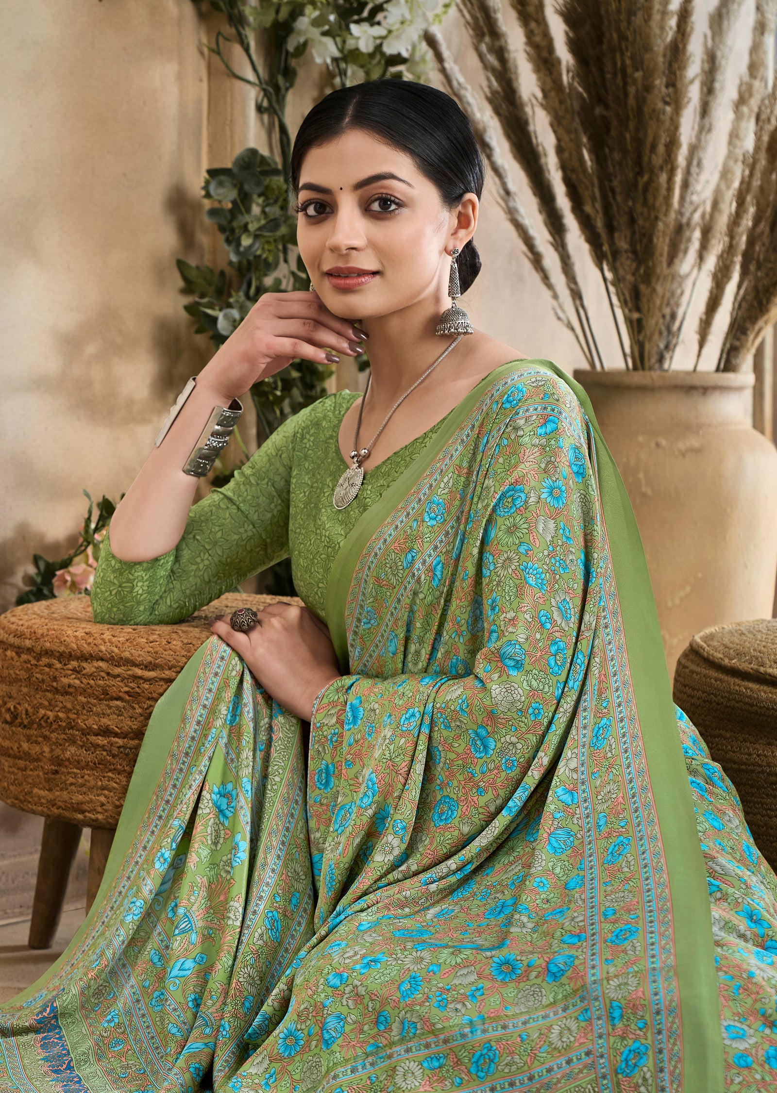 Flower Multi-Coloured Printed Pure Italian Crape Saree (Green)