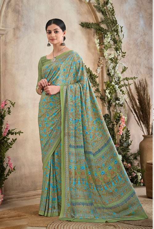 Flower Multi-Coloured Printed Pure Italian Crape Saree (Green)