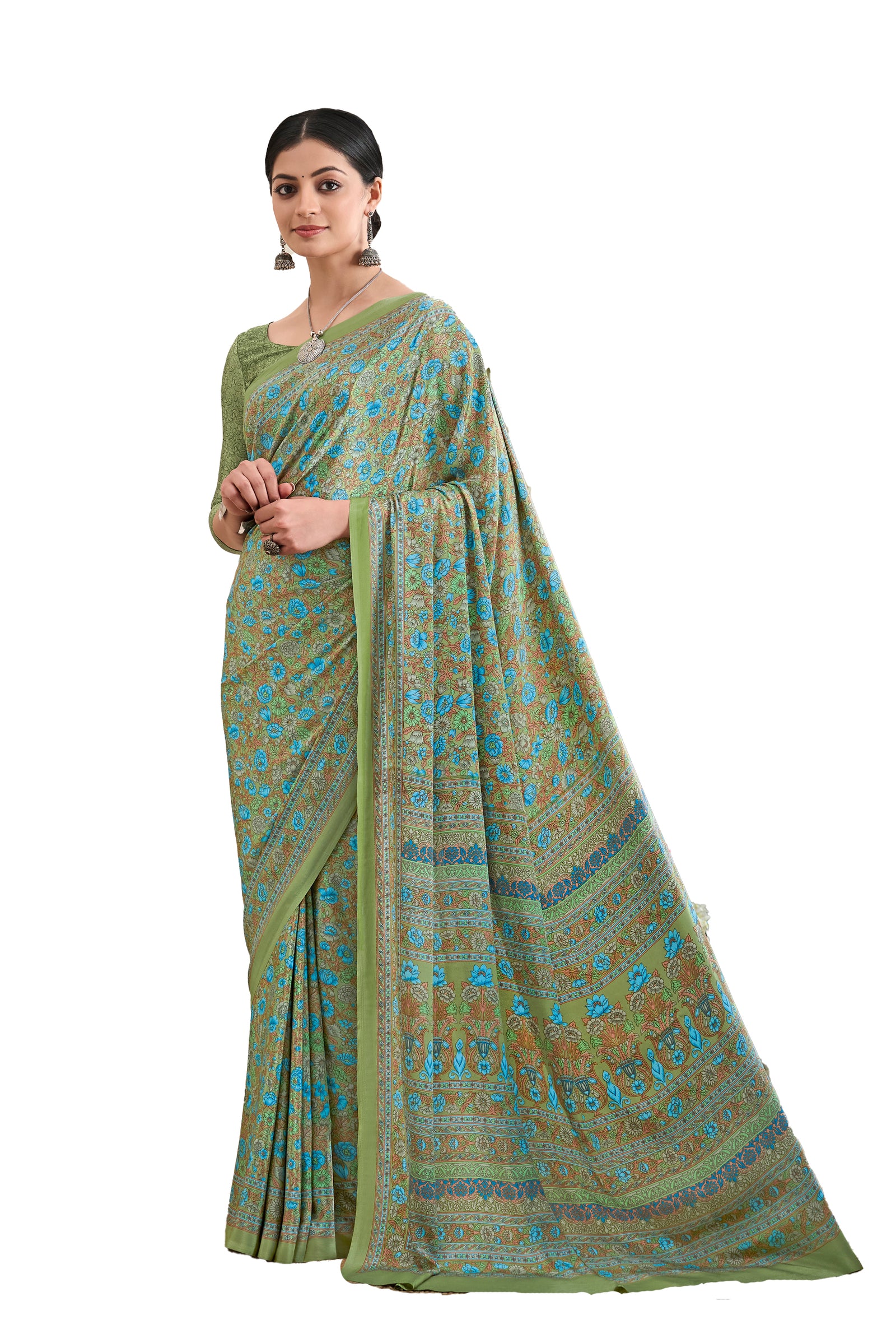 Flower Multi-Coloured Printed Pure Italian Crape Saree (Green)