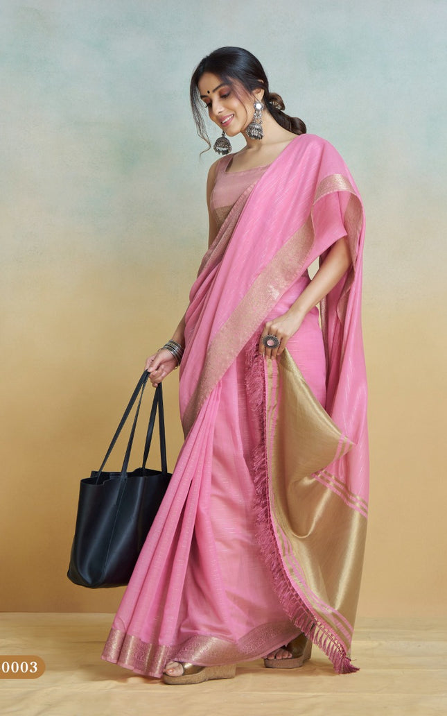 Banarasi Border, Pure Handloom Khadi silk, With Chit Pallu And Tassels (Pink)