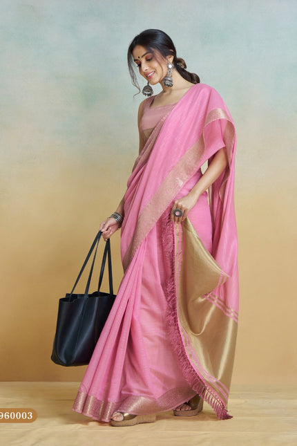 Banarasi Border, Pure Handloom Khadi silk, With Chit Pallu And Tassels (Pink)