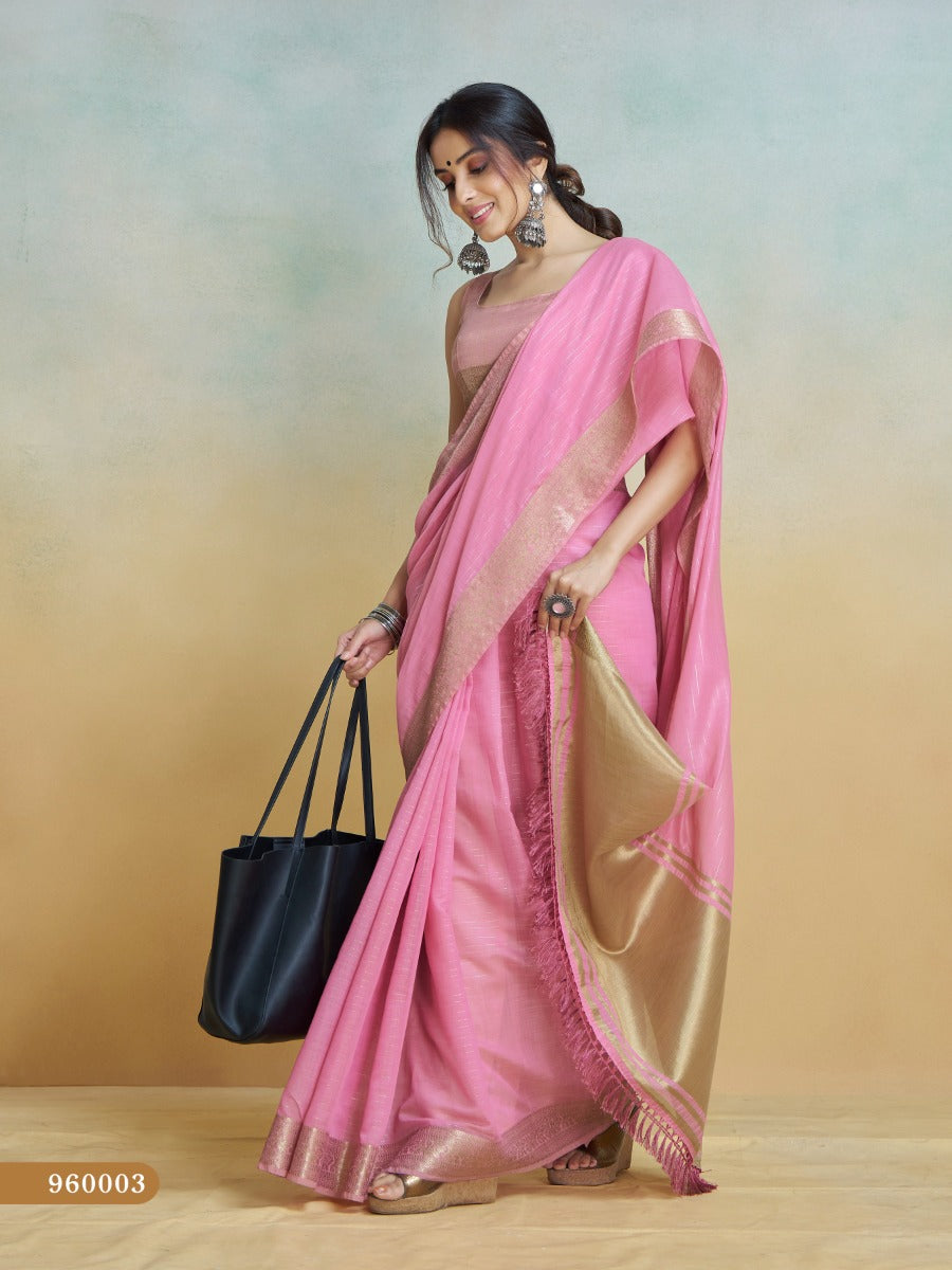 Banarasi Border, Pure Handloom Khadi Silk With Chit Pallu & Tassels (Baby Pink)