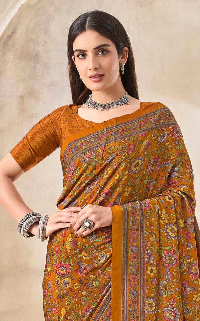 Flower Multi-Coloured Printed, Pure Italian Crape Saree (Orange)