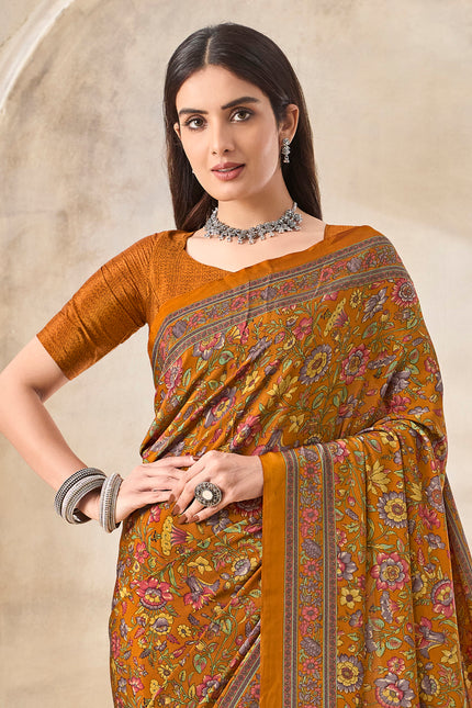 Flower Multi-Coloured Printed, Pure Italian Crape Saree (Orange)