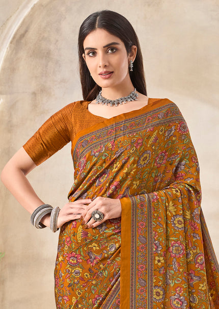 Flower Multi-Coloured Printed, Pure Italian Crape Saree (Orange)