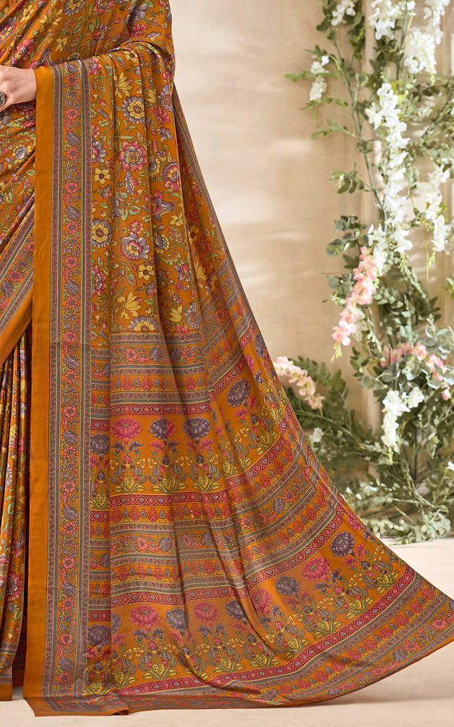Flower Multi-Coloured Printed, Pure Italian Crape Saree (Orange)