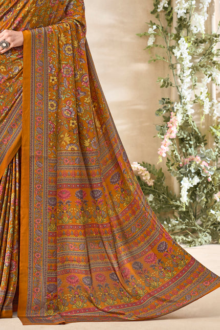Flower Multi-Coloured Printed, Pure Italian Crape Saree (Orange)