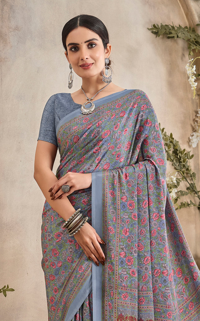 Flower Multi-Coloured Printed, Pure Italian Crape Saree (Grey)