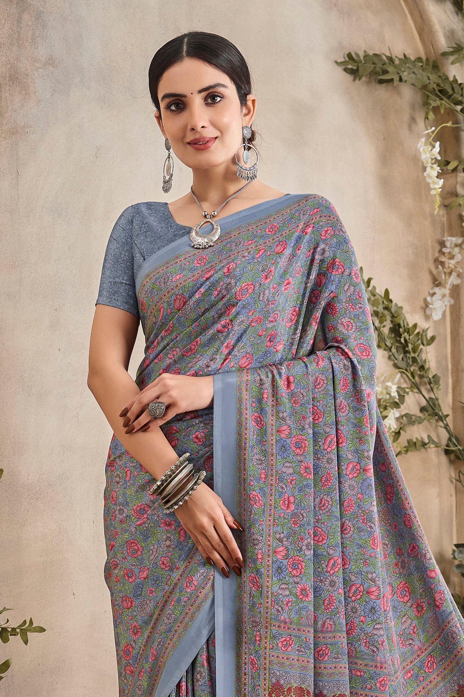 Flower Multi-Coloured Printed, Pure Italian Crape Saree (Grey)