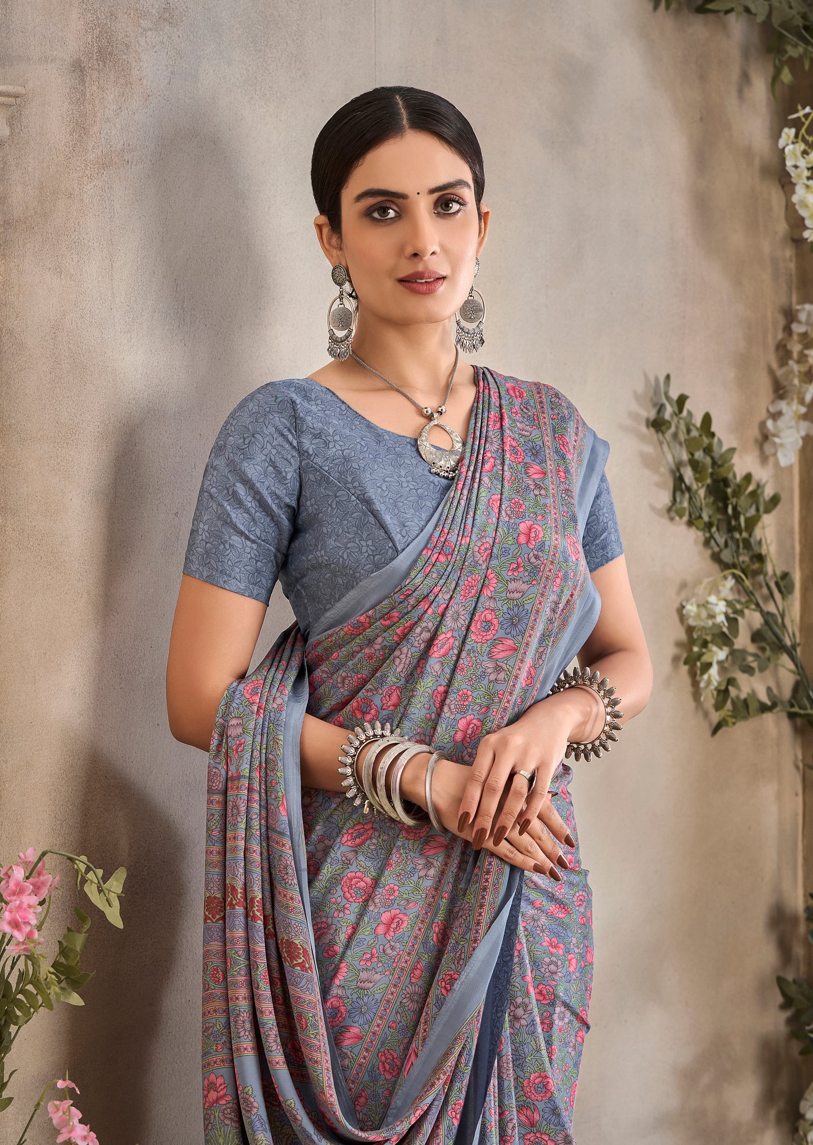 Flower Multi-Coloured Printed, Pure Italian Crape Saree (Grey)