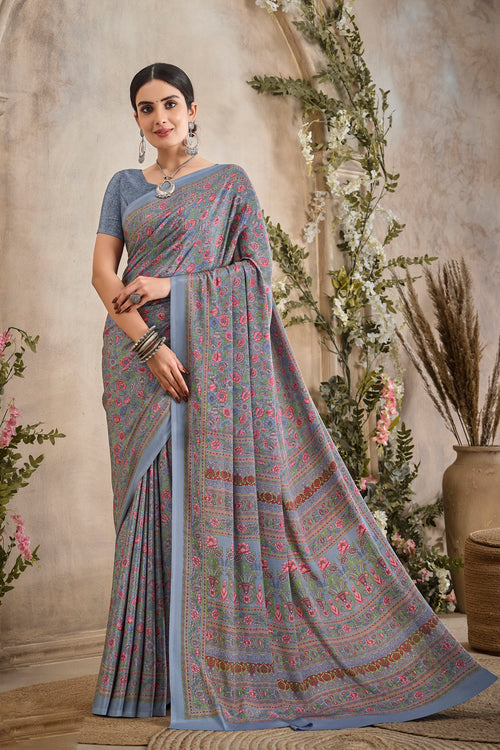 Flower Multi-Coloured Printed, Pure Italian Crape Saree (Grey)
