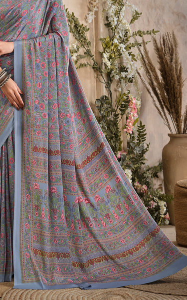 Flower Multi-Coloured Printed, Pure Italian Crape Saree (Grey)