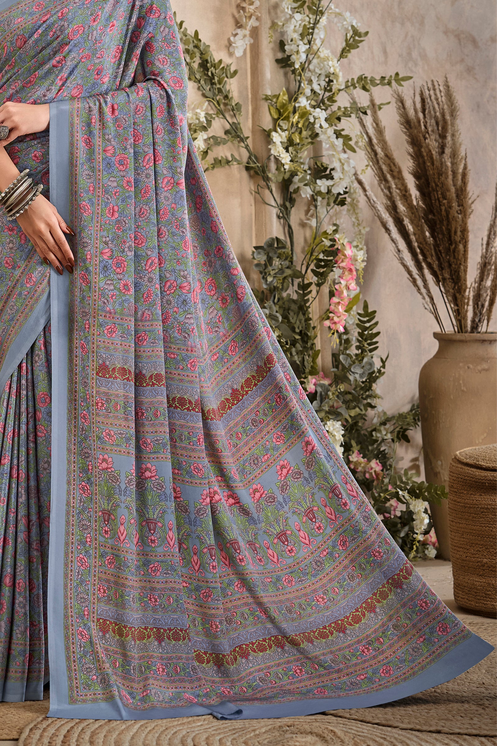 Flower Multi-Coloured Printed, Pure Italian Crape Saree (Grey)