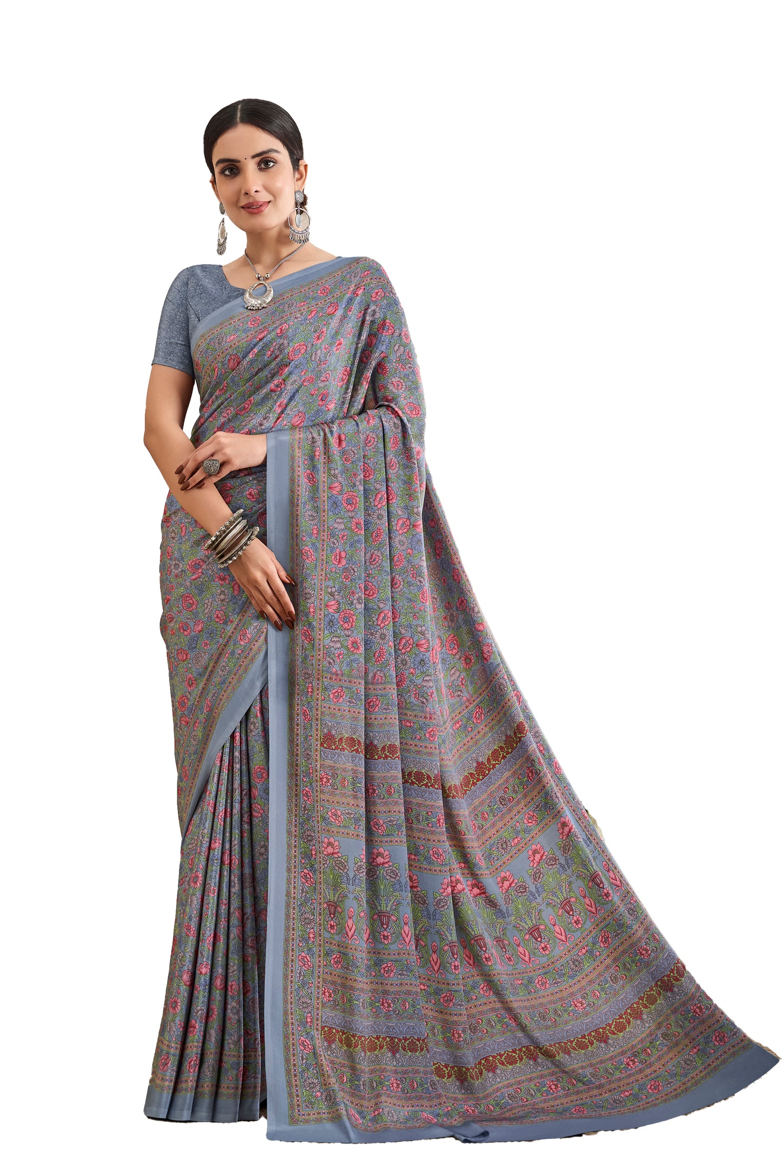 Flower Multi-Coloured Printed, Pure Italian Crape Saree (Grey)