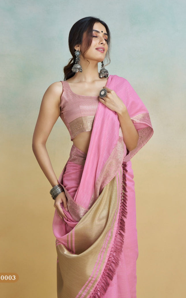 Banarasi Border, Pure Handloom Khadi silk, With Chit Pallu And Tassels (Pink)