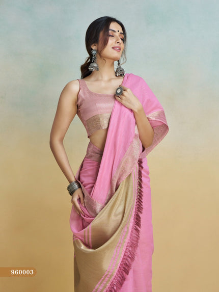 Banarasi Border, Pure Handloom Khadi silk, With Chit Pallu And Tassels (Pink)
