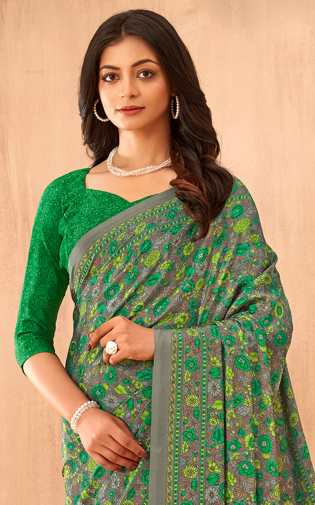 Flower Multi-Coloured Printed, Pure Italian Crape Saree (Green)