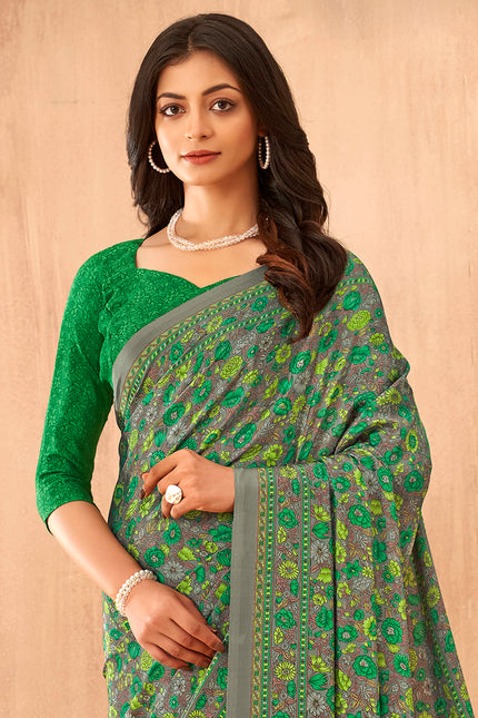 Flower Multi-Coloured Printed, Pure Italian Crape Saree (Green)