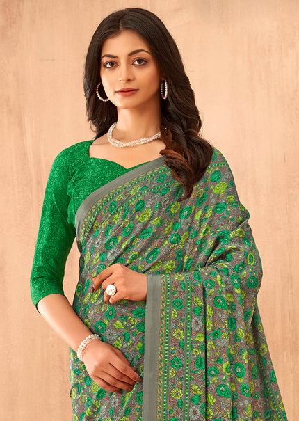 Flower Multi-Coloured Printed, Pure Italian Crape Saree (Green)