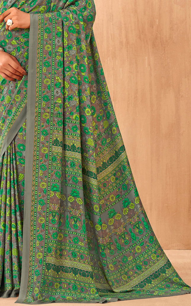 Flower Multi-Coloured Printed, Pure Italian Crape Saree (Green)