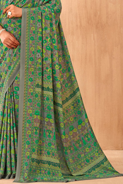 Flower Multi-Coloured Printed, Pure Italian Crape Saree (Green)